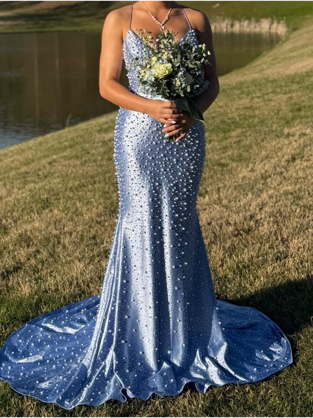 Sherri Hill Light Blue Pearl-Studded Mermaid Gown